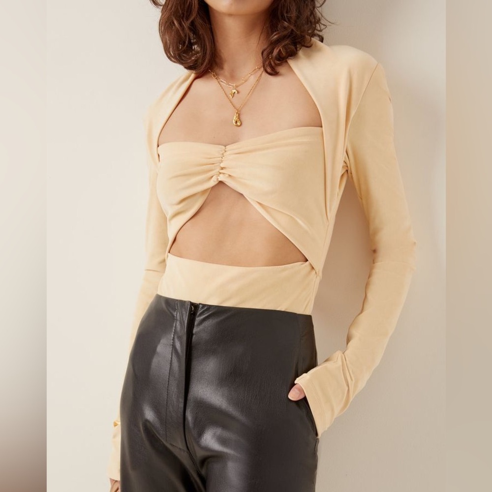 NANUSHKA Heidi Cutout Stretch-Velvet Bodysuit in Butter